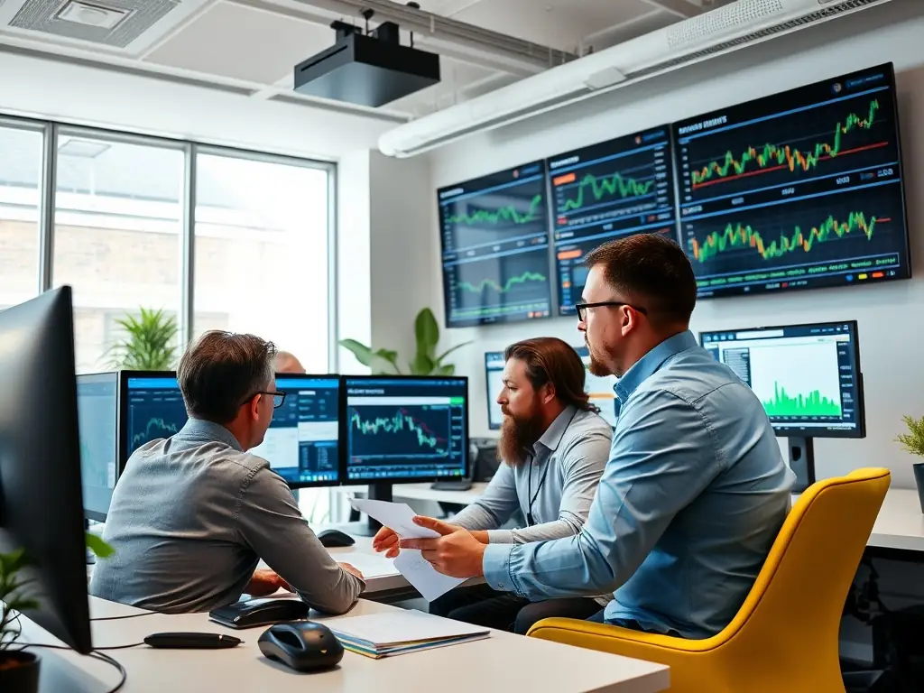 An image showing a team of financial analysts monitoring market trends and portfolio performance in a modern office setting at Fortuna Capital Partners.